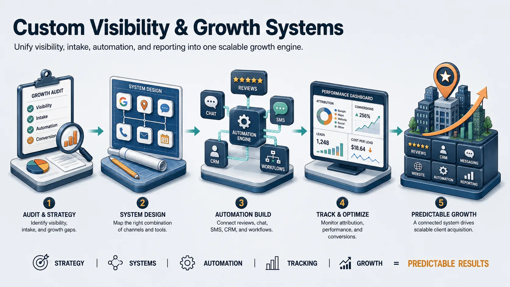 Custom Visibility and Growth Systems workflow showing the unified pipeline from local search to retained client.