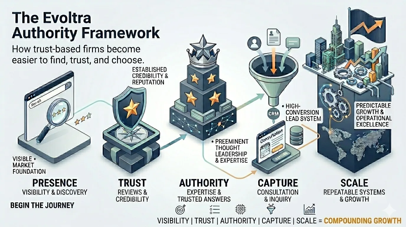 The Evoltra Authority Framework showing the five connected pillars: Presence, Trust, Authority, Capture, and Scale.