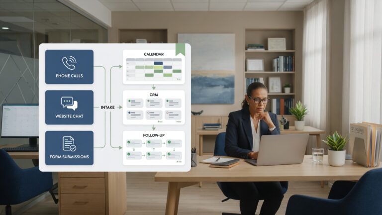 AI intake system connecting phone calls, website chat, and form submissions to a professional firm's calendar, CRM, and follow-up process.