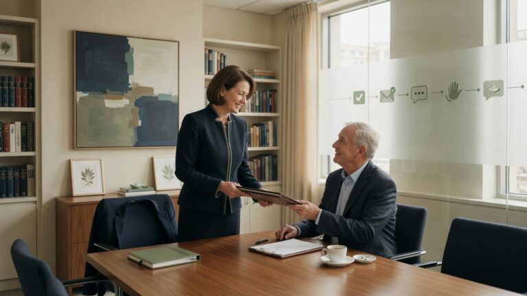Professional advisor and client after a successful engagement, illustrating a consistent review process.