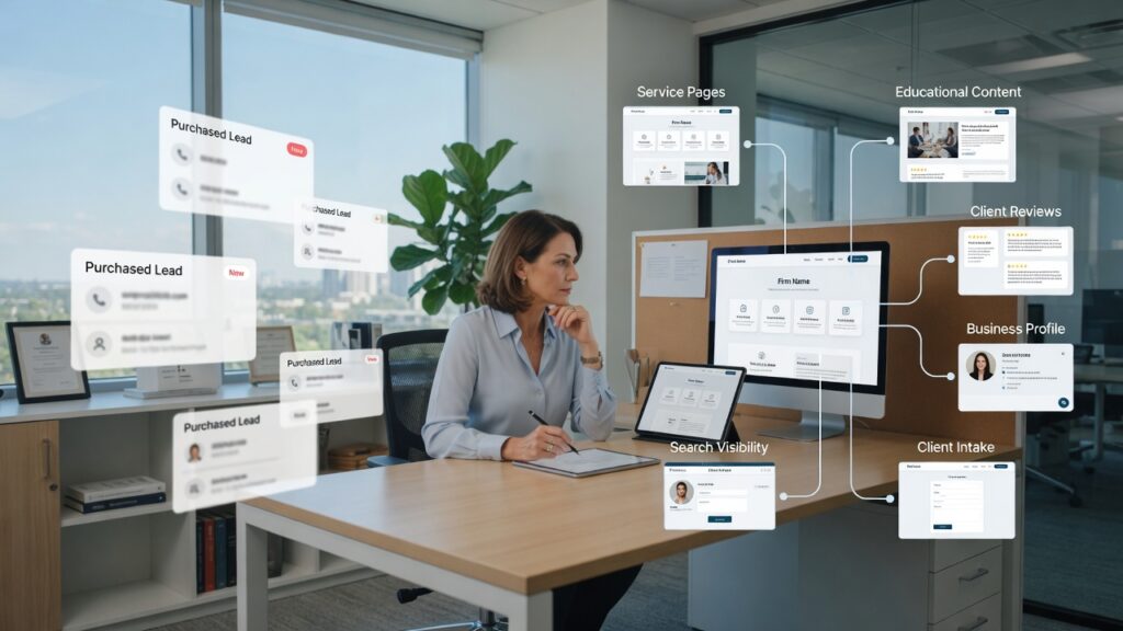 Professional firm comparing rented lead channels with an owned visibility system built on search presence, reviews, service pages, and intake.