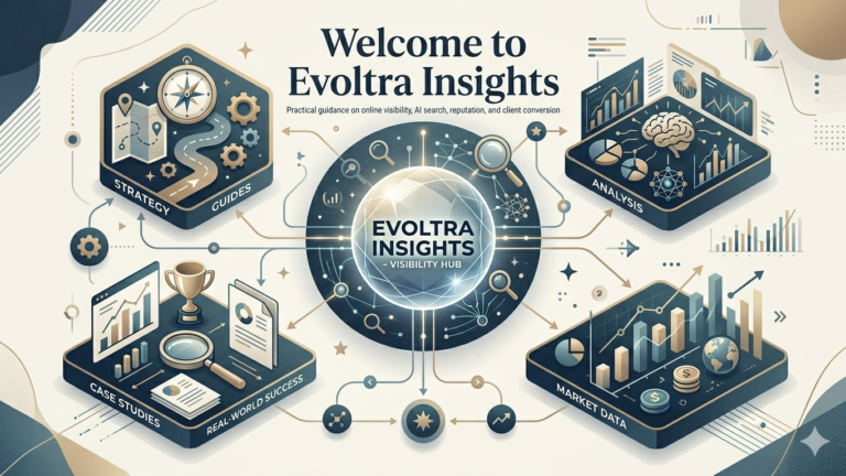 Welcome to Evoltra Insights featured image showing strategy guides, analysis, case studies, and market data connected to an online visibility hub