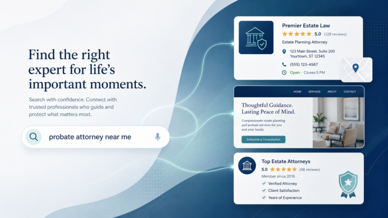Search results graphic showing a professional firm’s business profile, reviews, website preview, and directory listing after a referral searches online
