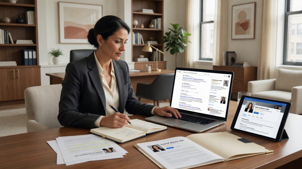 Professional firm owner reviewing branded Google search results, reviews, service pages, bios, and directory profiles from a referral’s point of view.