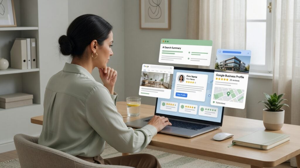 Prospect researching a professional firm online before calling, reviewing search results, reviews, a website preview, Google Business Profile, and AI search summary.