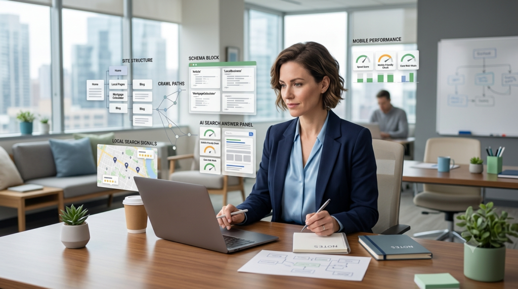 Mortgage strategist reviewing technical SEO strategy elements including website structure, crawl paths, schema blocks, mobile performance, local search signals, and AI search answer panels.