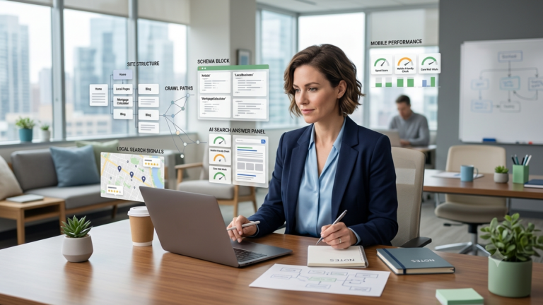 Mortgage strategist reviewing technical SEO strategy elements including website structure, crawl paths, schema blocks, mobile performance, local search signals, and AI search answer panels.