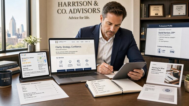 Professional advisor reviewing a website alongside business profiles, reviews, credentials, and other trust signals used in AI search.