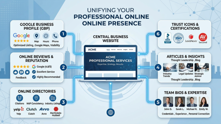 Diagram showing a professional services website connected to Google Business Profile, reviews, team bios, online directories, articles, and trust signals for AI search visibility