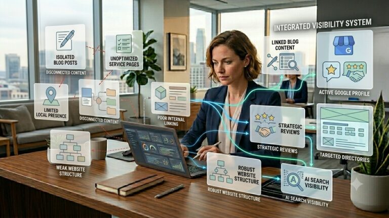 Professional reviewing disconnected content pieces and an integrated visibility system connecting blog content, Google Business Profile, reviews, directories, website structure, internal links, and AI search visibility.