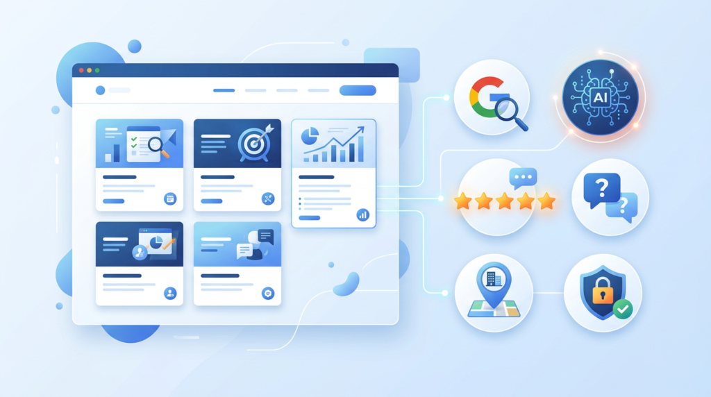 Illustration of organized service page cards connected to Google, AI search, reviews, FAQs, local listings, and trust signals for online visibility