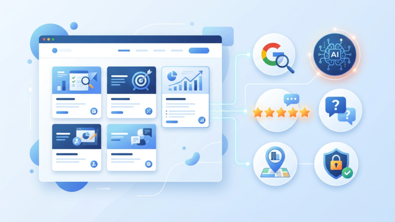 Illustration of organized service page cards connected to Google, AI search, reviews, FAQs, local listings, and trust signals for online visibility