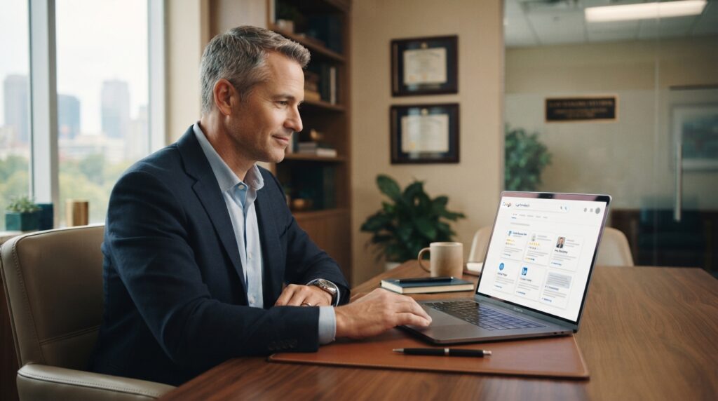 Professional firm owner reviewing branded search results, reviews, service pages, directory listings, bios, and AI search summaries on a laptop.