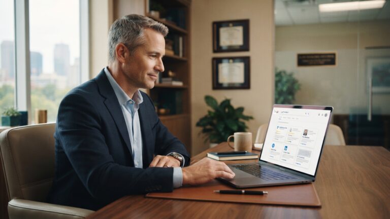 Professional firm owner reviewing branded search results, reviews, service pages, directory listings, bios, and AI search summaries on a laptop.