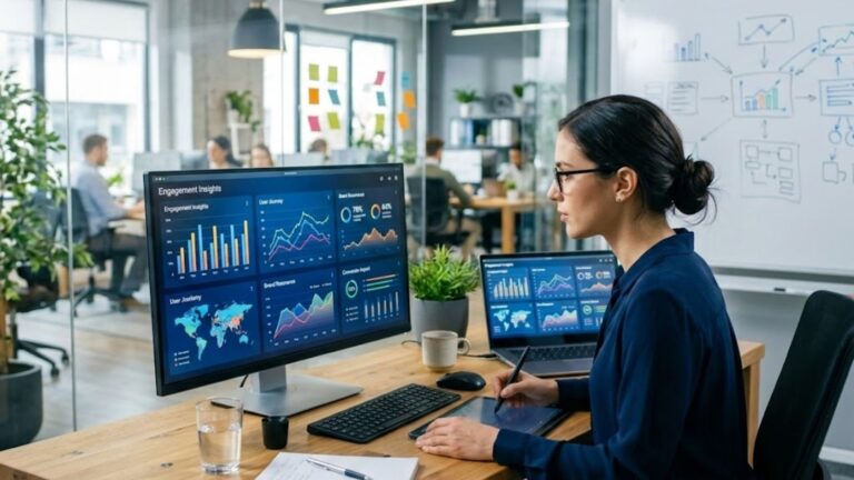 Estratega de marketing revisando métricas de visibilidad en IA, referencias, cuota de voz, visibilidad sin clic y señales de autoridad en un panel.