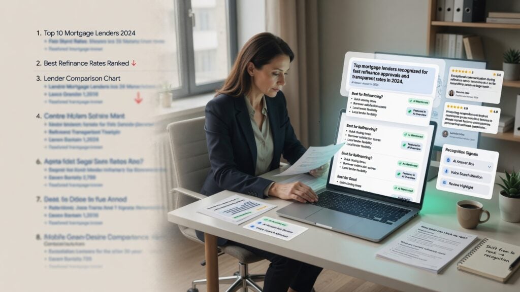Estratega hipotecario revisando posiciones de búsqueda tradicionales junto a paneles de reconocimiento en la búsqueda con IA, señales de menciones de prestamistas, tarjetas de reseñas e indicadores de visibilidad hipotecaria.