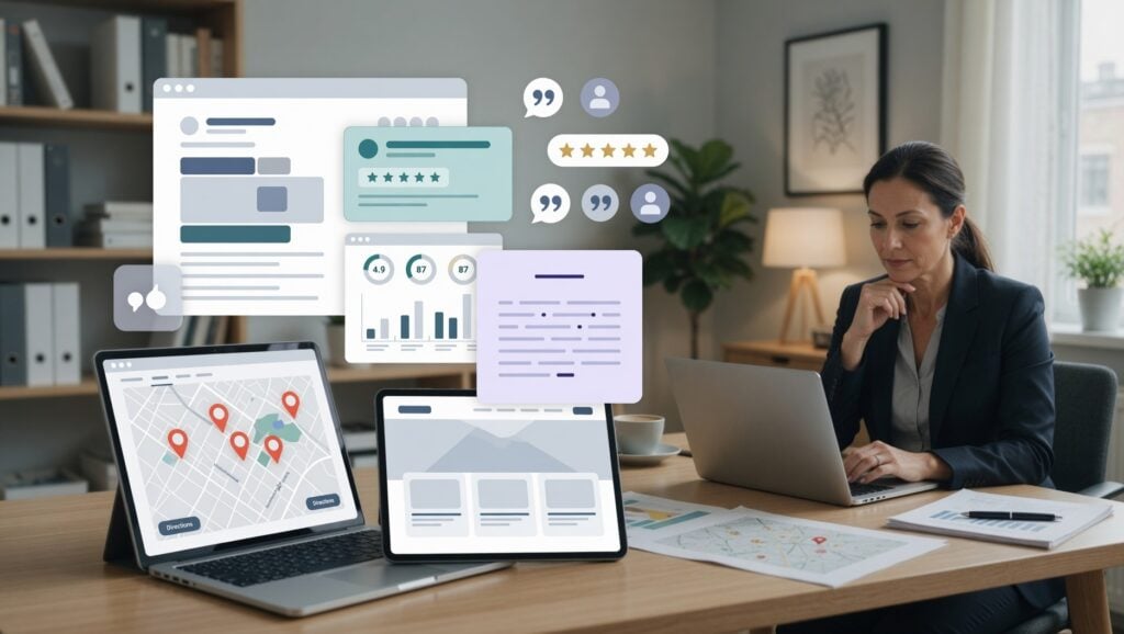 Firma de servicios profesionales revisando cómo aparece su negocio en Google, la búsqueda con IA, las reseñas, los perfiles y las señales de confianza en línea.