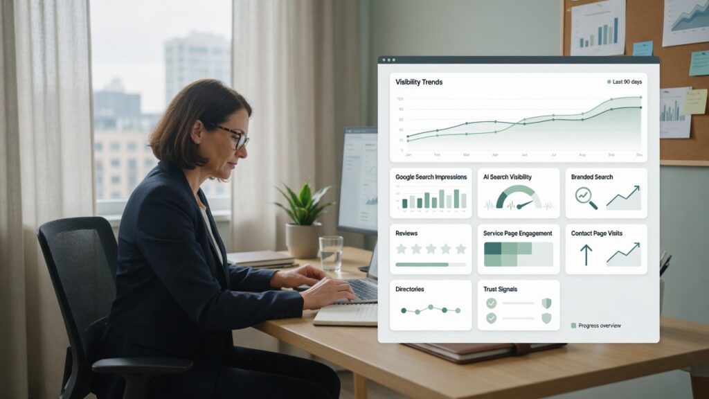 Profesional revisando un panel de seguimiento de visibilidad en IA con impresiones de la Búsqueda de Google, búsqueda de marca, reseñas, interacción con páginas de servicios, visitas a la página de contacto, directorios y señales de confianza.