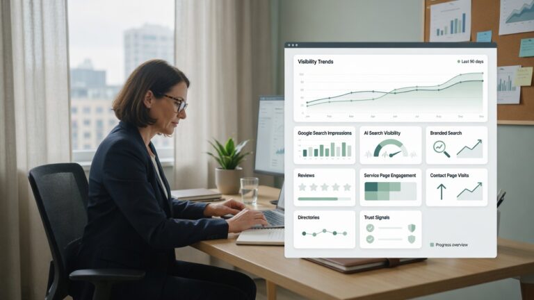 Profesional revisando un panel de seguimiento de visibilidad en IA con impresiones de la Búsqueda de Google, búsqueda de marca, reseñas, interacción con páginas de servicios, visitas a la página de contacto, directorios y señales de confianza.