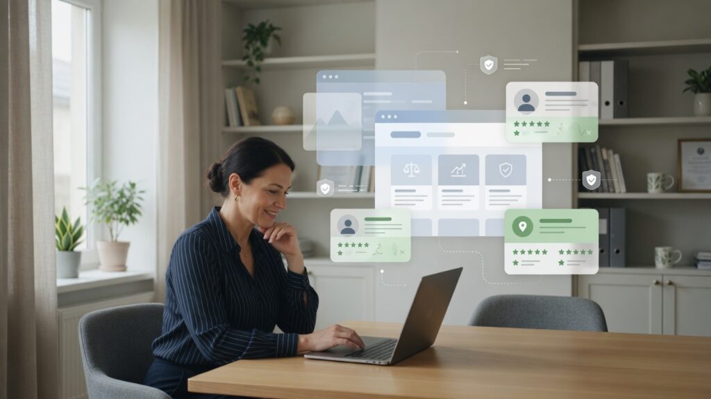 Professional firm owner reviewing AI search visibility, service pages, reviews, business profiles, and online authority signals on a laptop.