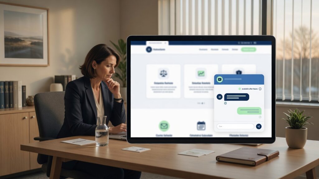 Professional firm website with a conversational chatbot helping a visitor find answers, request contact, and connect with the right service.
