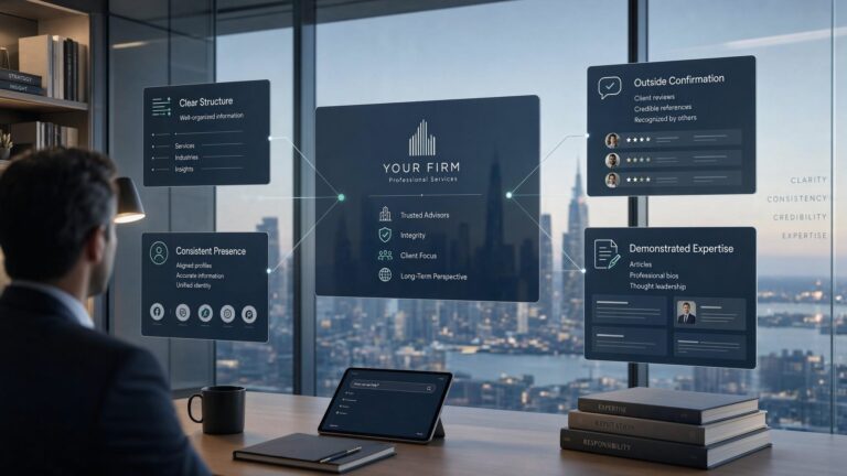 Professional reviewing the four components of online authority: clarity, consistency, outside confirmation, and demonstrated expertise.