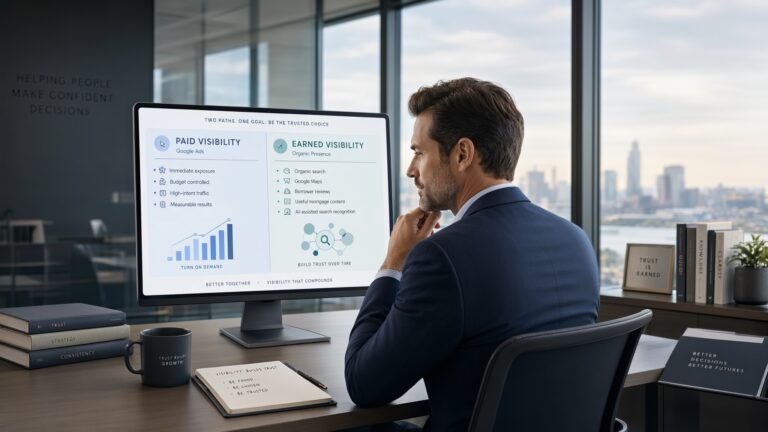 Mortgage broker comparing paid Google Ads visibility with organic search, reviews, local presence, and AI search recognition.