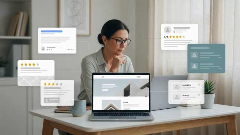 Profesional revisando un sitio web de negocio, listados en línea y perfiles de reseñas que aparecen desconectados en la web.