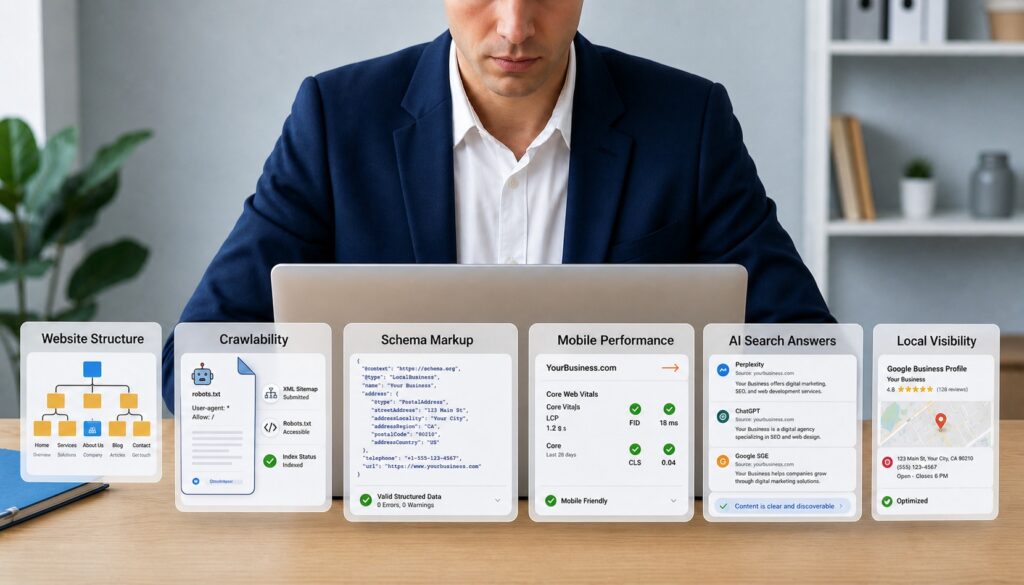 Corredor hipotecario revisando señales de SEO técnico, estructura del sitio web, schema, rastreabilidad, visibilidad en búsquedas con IA y claridad en la búsqueda local.
