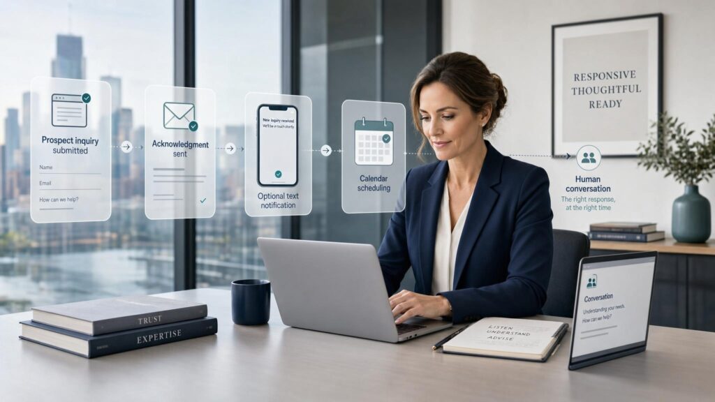 A professional's desk with a phone showing a new inquiry notification and a calendar open beside it, illustrating the gap between a prospect's message and the firm's first useful response.